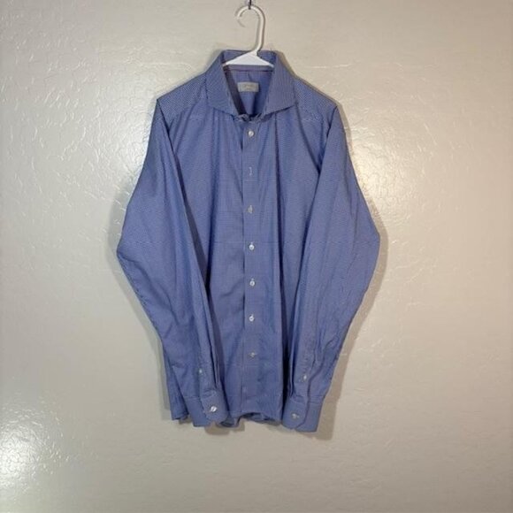 Eton Shirt Mens 18 46 Blue Gingham Check Contemporary York Dress Button Front - Picture 1 of 8